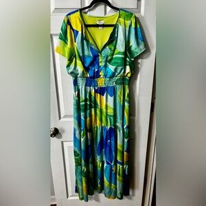 Nicole Miller Tropical Print Maxi Dress in Blue, Green, Yellow